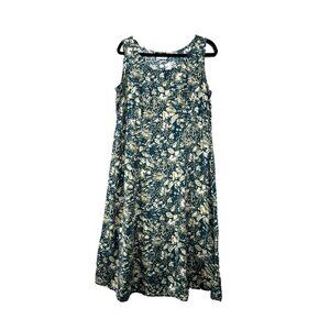 Vintage Teal Blue Floral Babydoll Midi L Dress Cottagecore Sleeveless Romantic